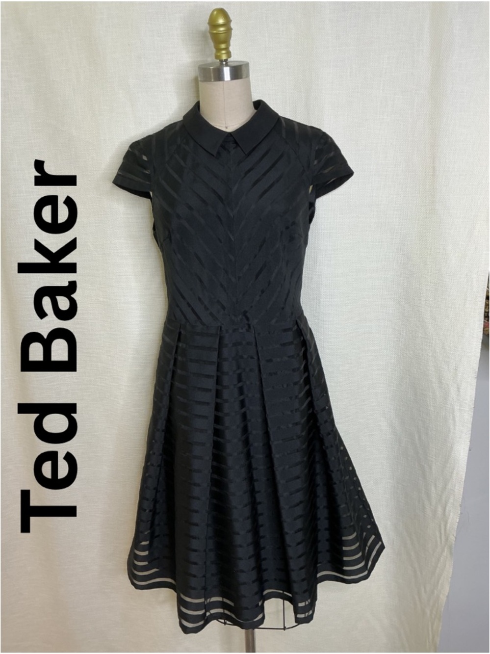 Ted Baker Black Fit Flare Dress Size 2 Textured Pleated Collar Chic Evening Wear
